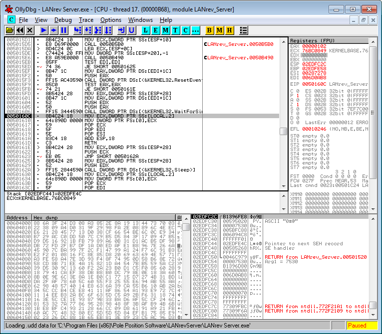 Reversing LANrev in OllyDbg